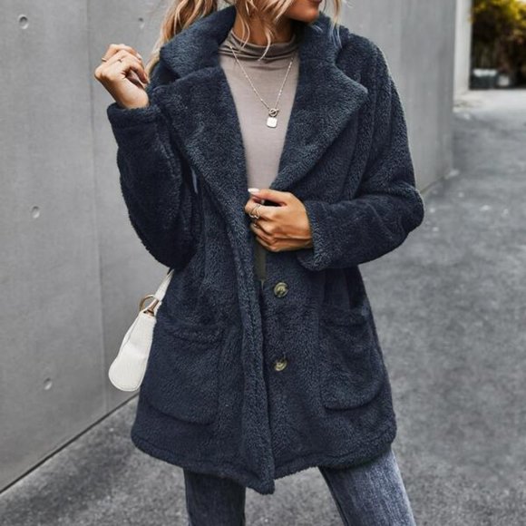 Cuddle Up Button Front Double Pocket Teddy Coat Bl - Picture 4 of 9